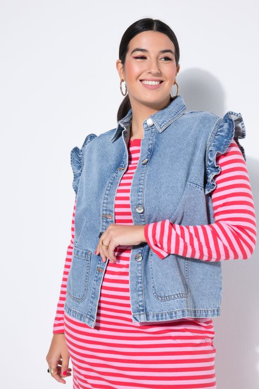 Veste en jean sans manches, délavage, coupe boxy et ruché aux emmanchures