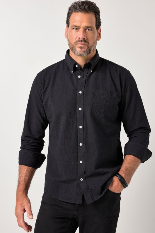 Chemise JP 1880 en seersucker, manches longues et col à pointes boutonnée, coupe Modern Fit - jusqu'au 8 XL