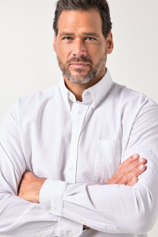 Chemise JP 1880 en seersucker, manches longues et col à pointes boutonnée, coupe Modern Fit - jusqu'au 8 XL