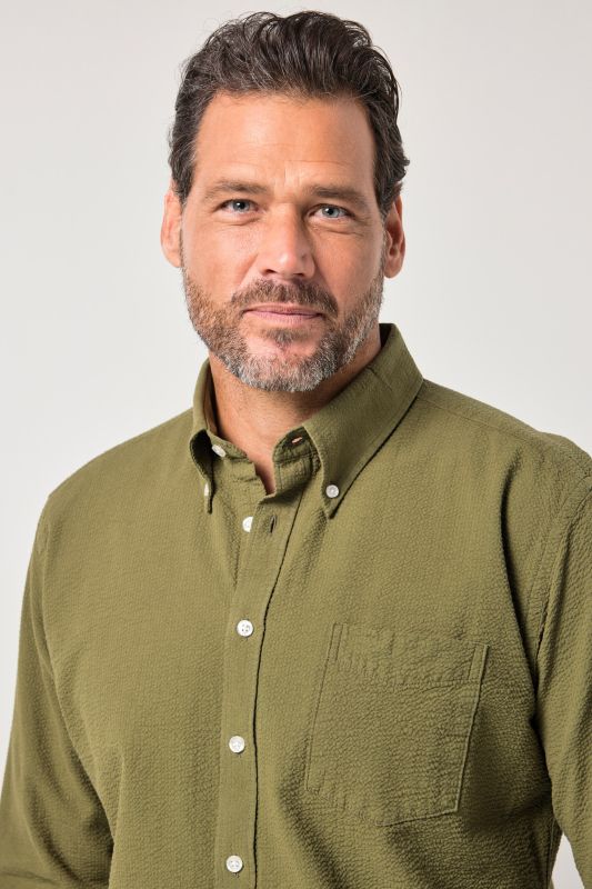Chemise JP 1880 en seersucker, manches longues et col à pointes boutonnée, coupe Modern Fit - jusqu'au 8 XL