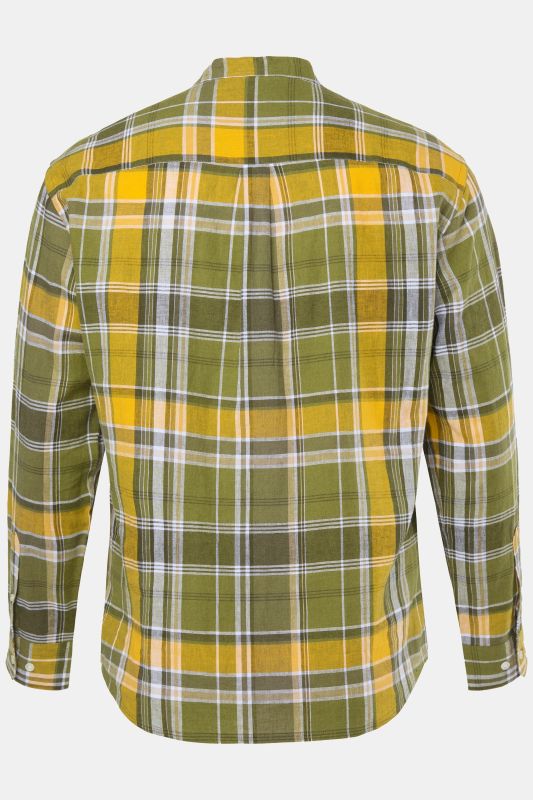 Chemise en lin mélangé JP 1880, motif à carreaux, manches longues et col officier, coupe Modern Fit - jusqu'au 8 XL