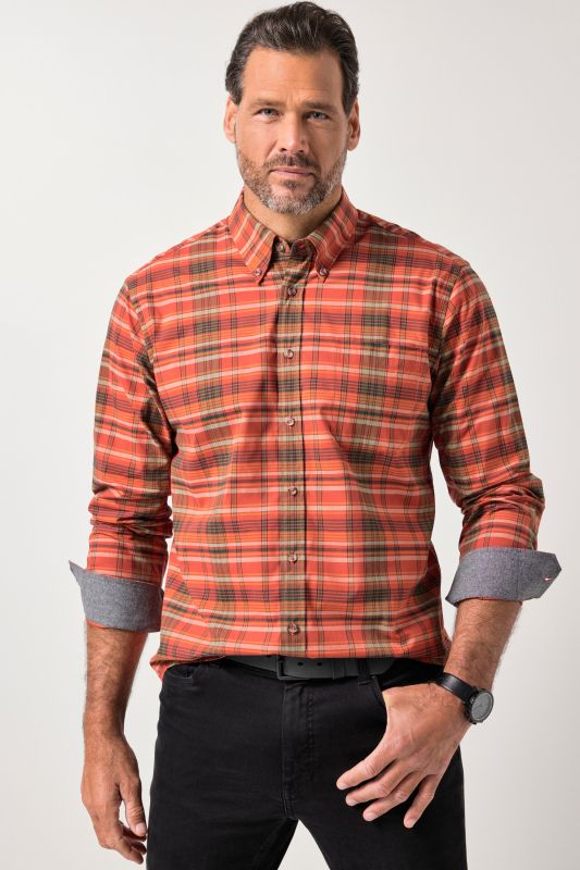 Chemise à carreaux JP 1880, manches longues et col à pointes boutonnée, coupe Modern Fit - jusqu'au 8 XL