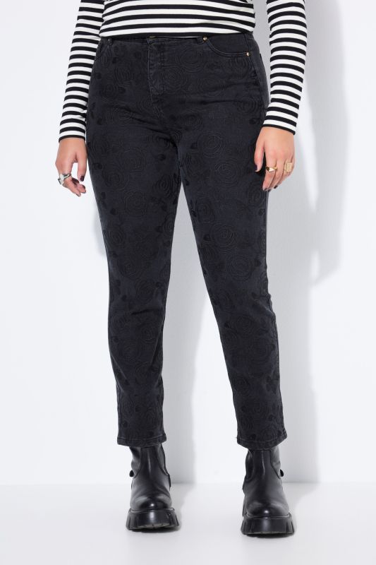 Jean Mom 5 poches, fleurs brodées sur le devant