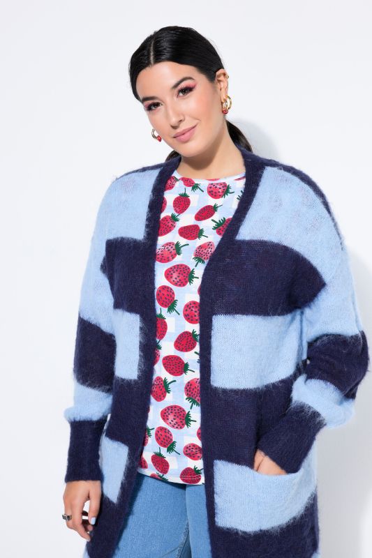 Cardigan long à larges rayures, coupe ouverte