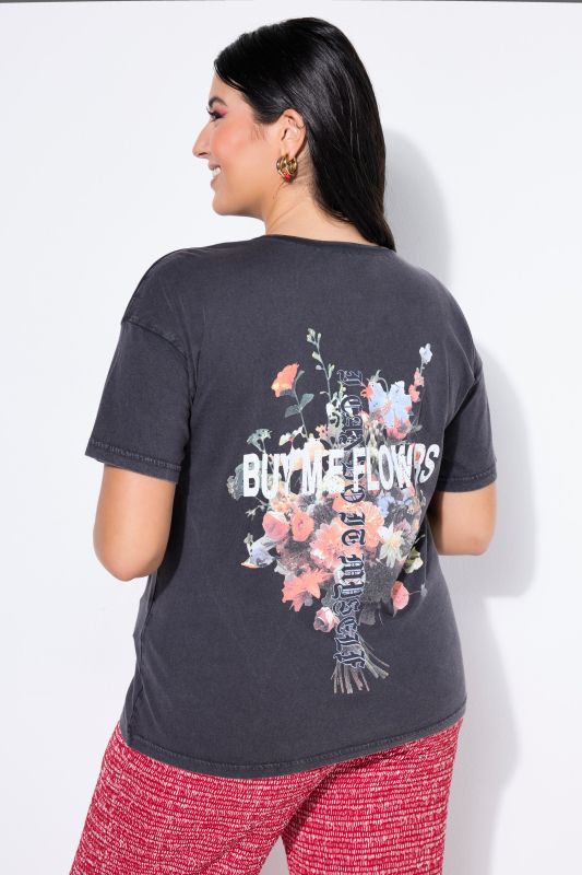 T-shirt oversize, message floral, délavage Acid Wash