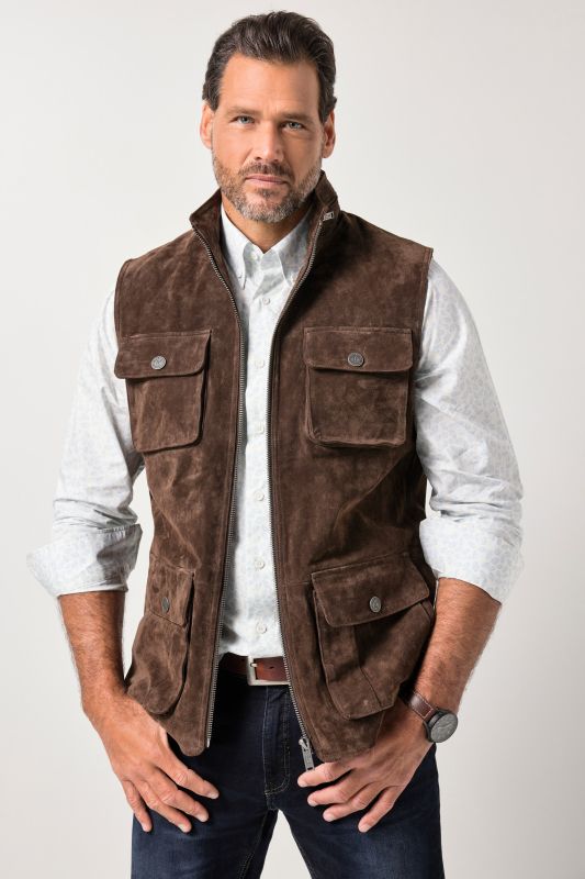Veste en cuir JP 1880, modèle sans manches, cuir suédé split robuste et col montant - jusqu'au 7 XL