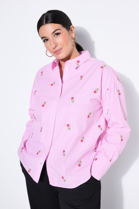 Chemise à rayures oversize, motif floral brodé