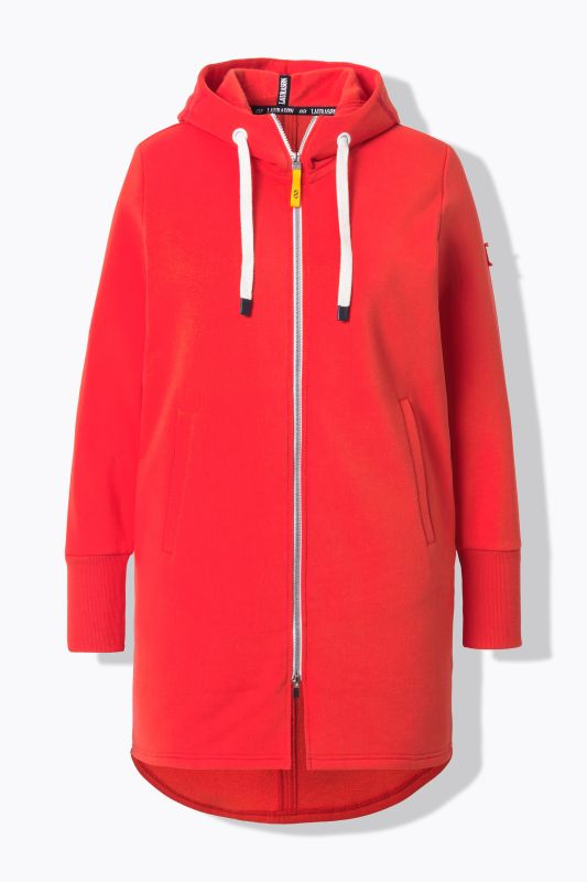 Veste à capuche en molleton. Coupe longue. Cordon de serrage dans la taille. Manches longues