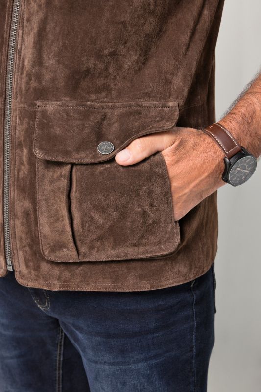 Veste en cuir JP 1880, modèle sans manches, cuir suédé split robuste et col montant - jusqu'au 7 XL