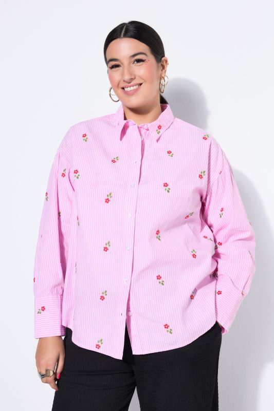 Chemise à rayures oversize, motif floral brodé