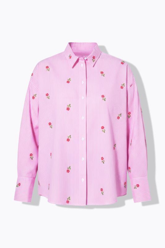 Chemise à rayures oversize, motif floral brodé