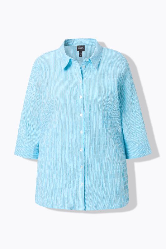 Chemisier à rayures, texture gaufrée. Col classique et manches 3/4