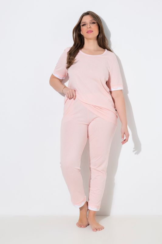 Pyjama deux pièces, T-shirt décolleté rond et manches courtes, liserés en dentelle