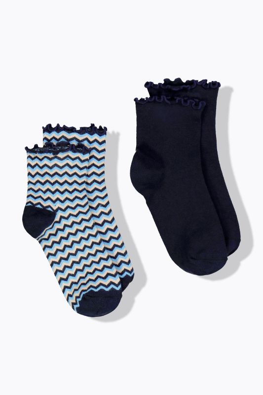Lot de 2 paires de chaussettes, uni/motif chevrons, tige courte avec ruchés