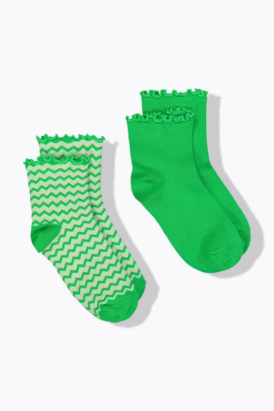 Lot de 2 paires de chaussettes, uni/motif chevrons, tige courte avec ruchés