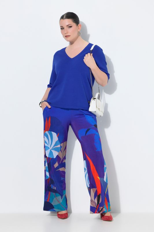 Pantalon en tissu piqué à fleurs, tombé fluide, jambe large et taille élastique