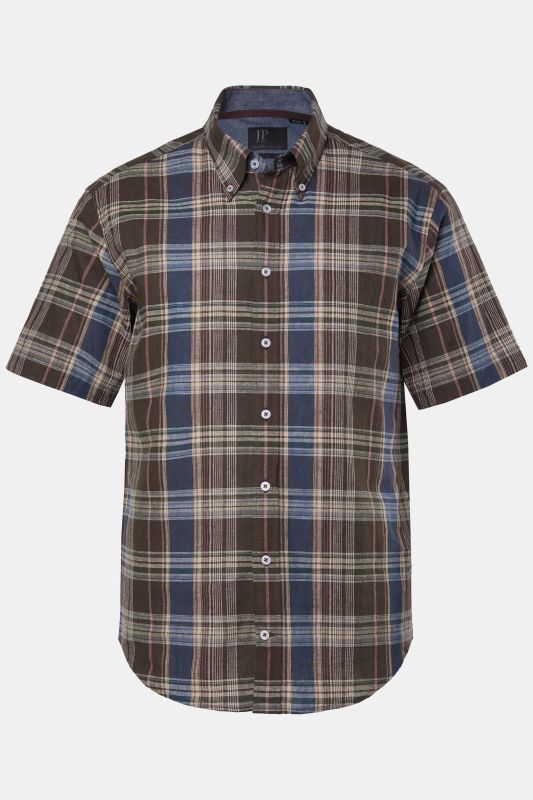Chemise à carreaux JP 1880 en lin mélangé, manches courtes et col à pointes boutonnée, coupe Modern Fit - jusqu'au 8 XL