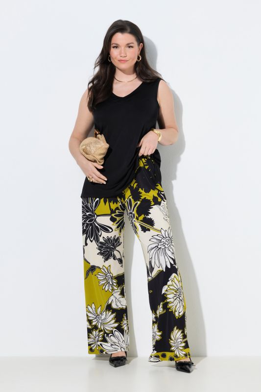 Pantalon en tissu piqué à fleurs, tombé fluide, jambe large et taille élastique