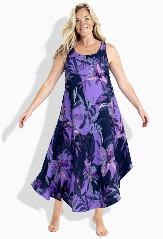 Robe midi sans manches, motif lys et décolleté rond, coupe évasée
