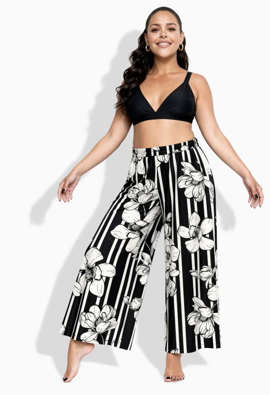 Pantalon Palazzo dans un imprimé fleurs/rayures, jambe large et taille élastique
