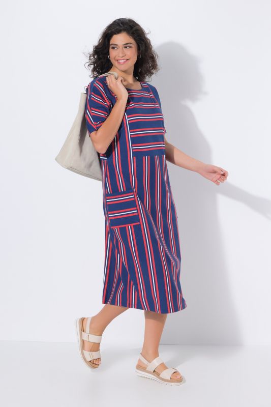 Robe midi en jersey rayé, poches, décolleté rond et manches courtes