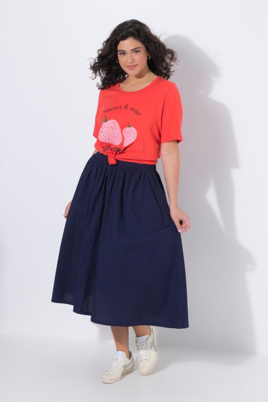 Jupe midi, matière stretch et taille élastique, coupe évasée