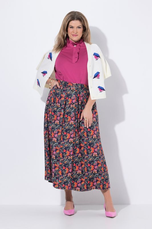 Jupe maxi coupe évasée, imprimé champêtre et plis