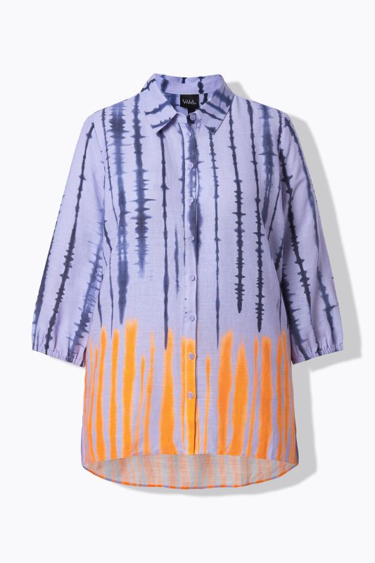 Chemisier en lin mélangé, imprimé Batik, col de chemise et manches&nbsp;3/4