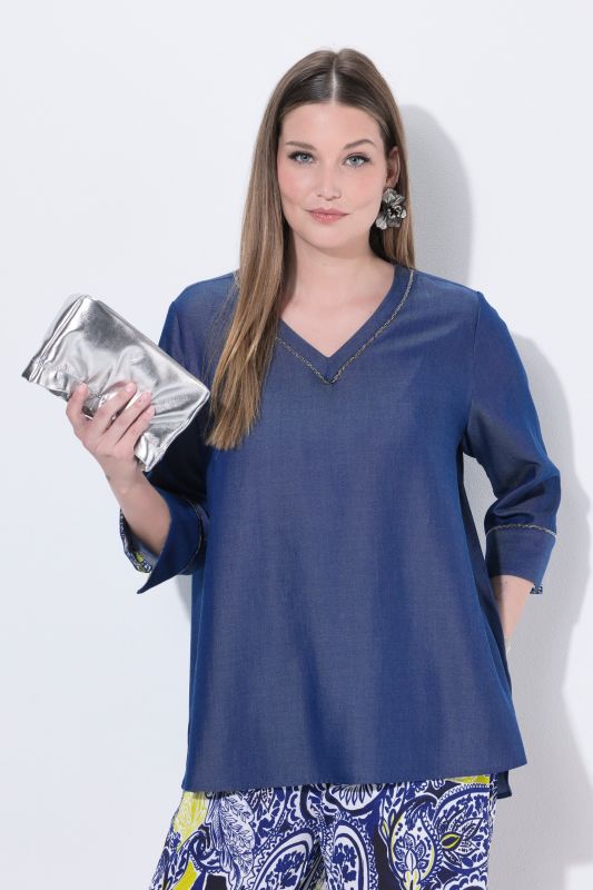 Blouse en Lyocell aspect jean, décolleté en V et manches&nbsp;3/4