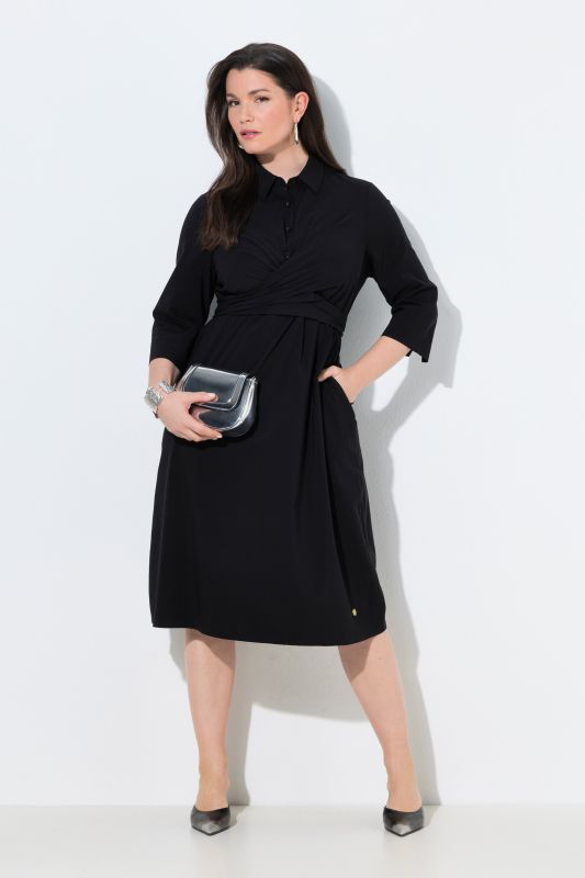 Robe midi effet drapé, manches&nbsp;3/4 et col chemise, coupe évasée