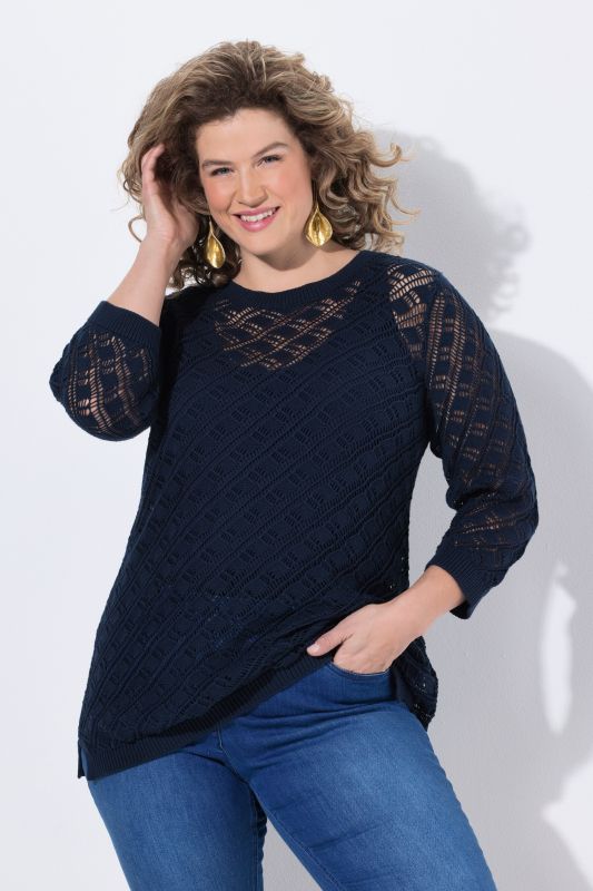 Pull maille ajourée motif filet, col rond et manches&nbsp;3/4