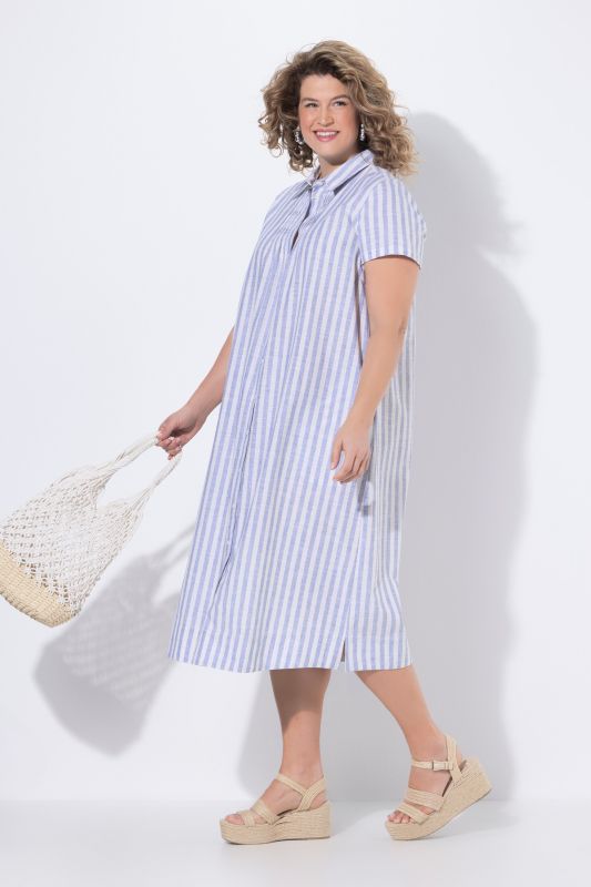 Robe maxi en coton bio rayé, col chemise et manches courtes