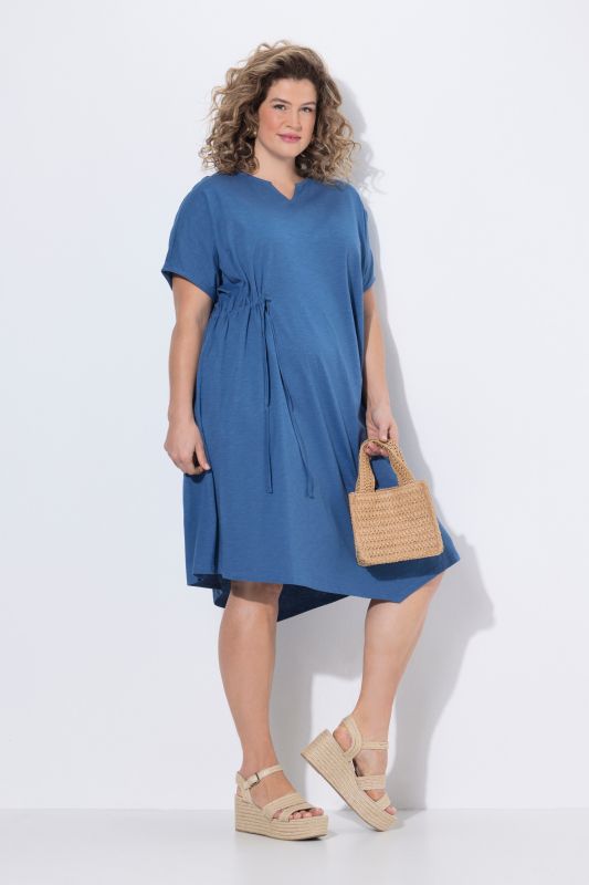 Robe midi en coton bio, col tunisien et manches courtes