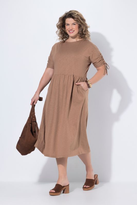 Robe midi en coton bio, décolleté rond et manches courtes, cordons à froncer