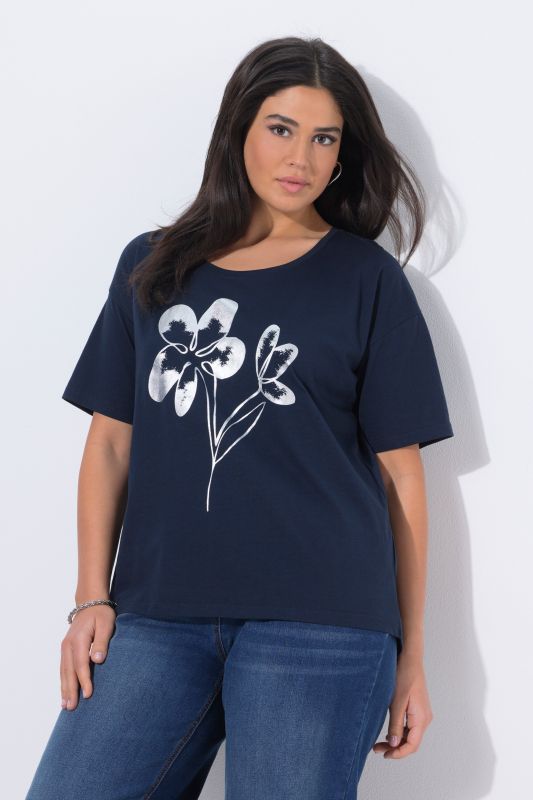 T-shirt oversize, motif fleur, décolleté en V et manches courtes