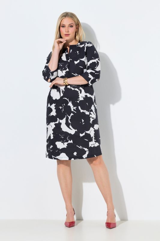 Robe tunique à fleurs, col tunisien et manches&nbsp;3/4