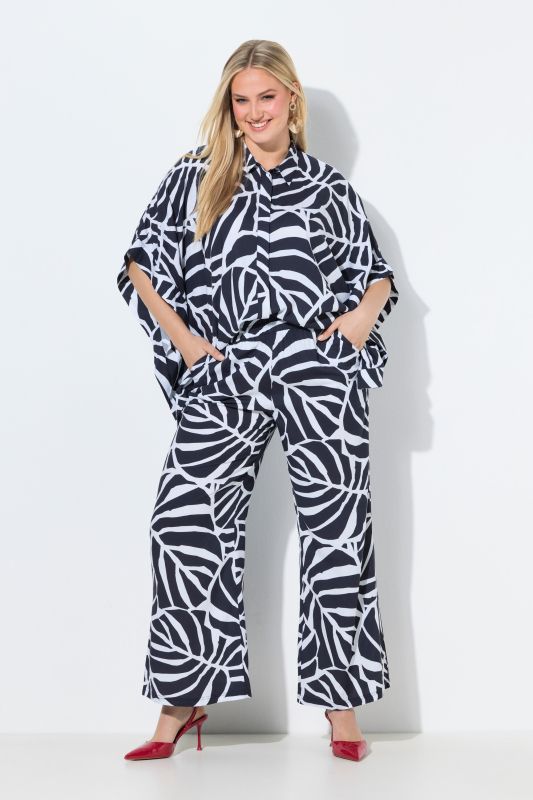 Pantalon motif feuilles, jambe droite et large et taille élastique