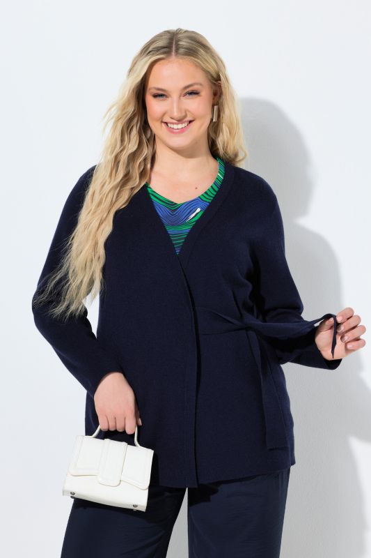 Cardigan long, encolure en V et manches longues, ruban en guise de fermeture