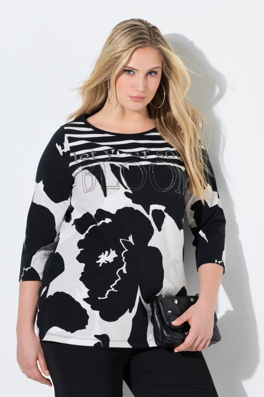 T-shirt avec fleurs et petits strass, encolure bateau et manches&nbsp;3/4