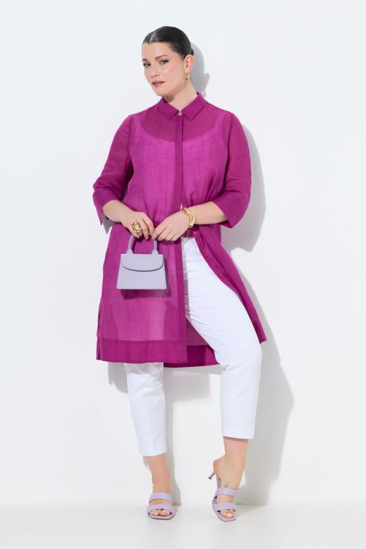 Chemisier long, tissu ramie, col chemise et manches&nbsp;3/4