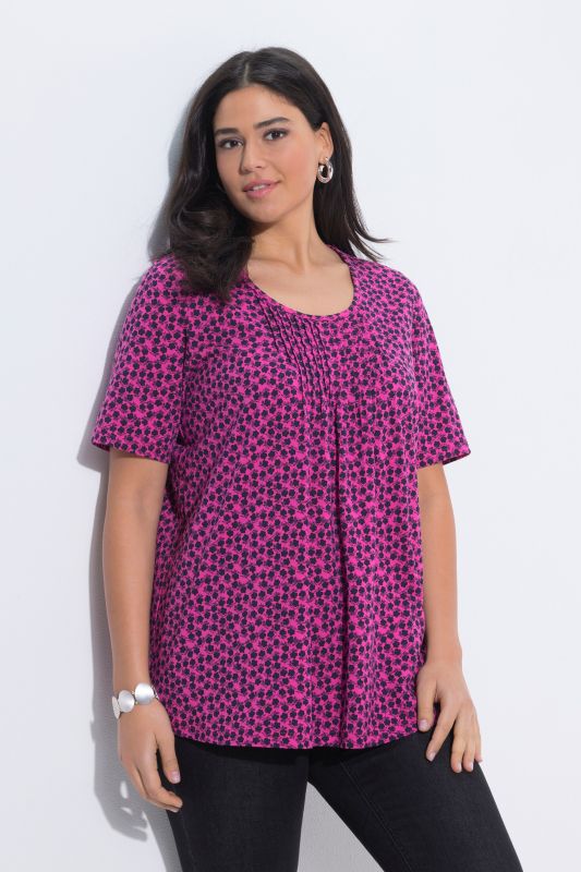 T-Shirt avec plis fantaisie, coupe évasée, col rond et manches courtes