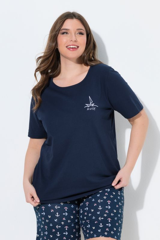 T-shirt de pyjama en coton bio, motif voilier, col rond et manches courtes