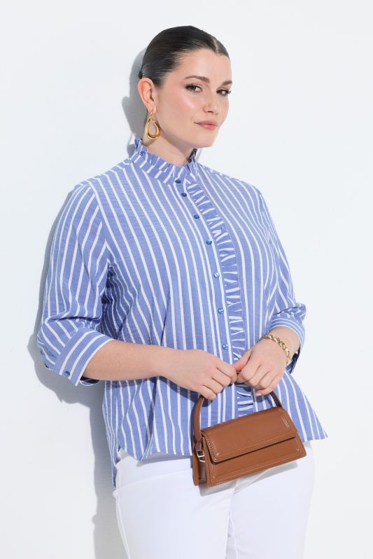 Chemisier en Seersucker, coupe évasée, col montant et manches&nbsp;3/4