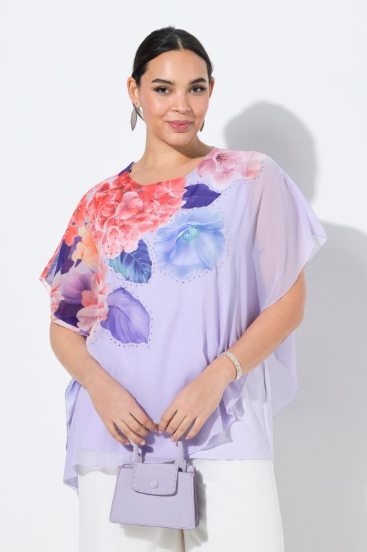 Blouse à fleurs en mousseline doublée, décolleté rond et manches courtes