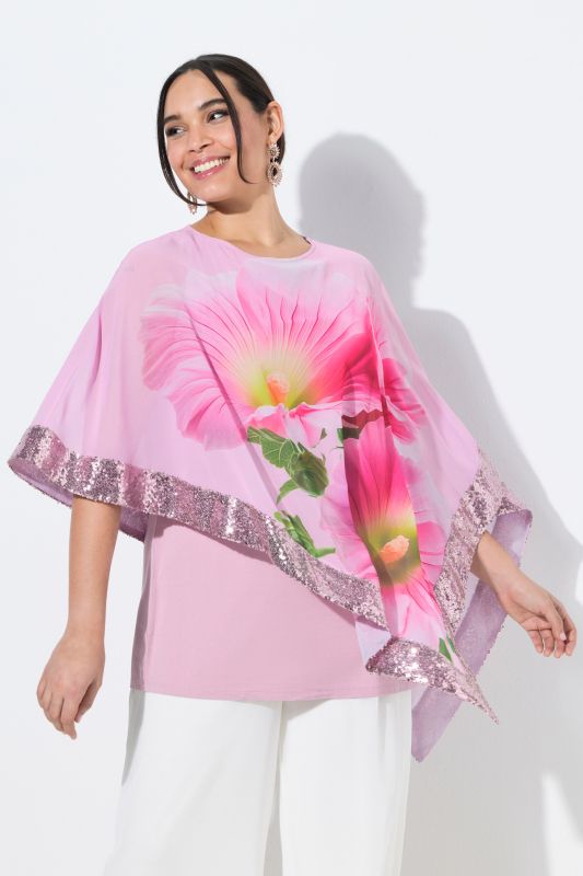 Blouse avec voile en mousseline à fleurs, encolure bateau et manches&nbsp;3/4