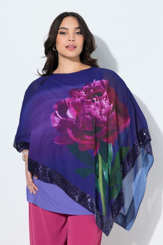 Blouse avec voile en mousseline à fleurs, encolure bateau et manches&nbsp;3/4