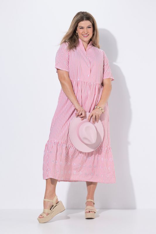 Robe maxi à rayures, poches, col calice et manches courtes, coupe évasée