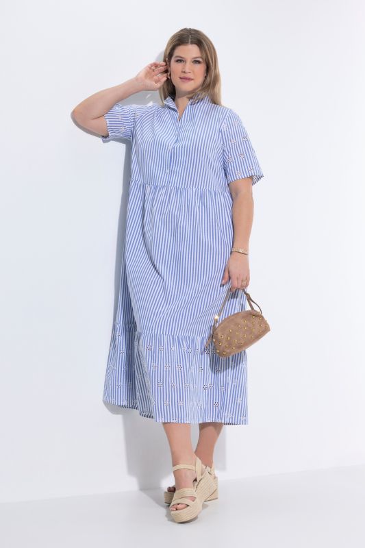 Robe maxi à rayures, poches, col calice et manches courtes, coupe évasée