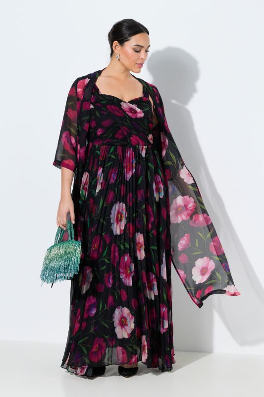 Veste en mousseline à fleurs, coupe ouverte, col châle et manches&nbsp;3/4