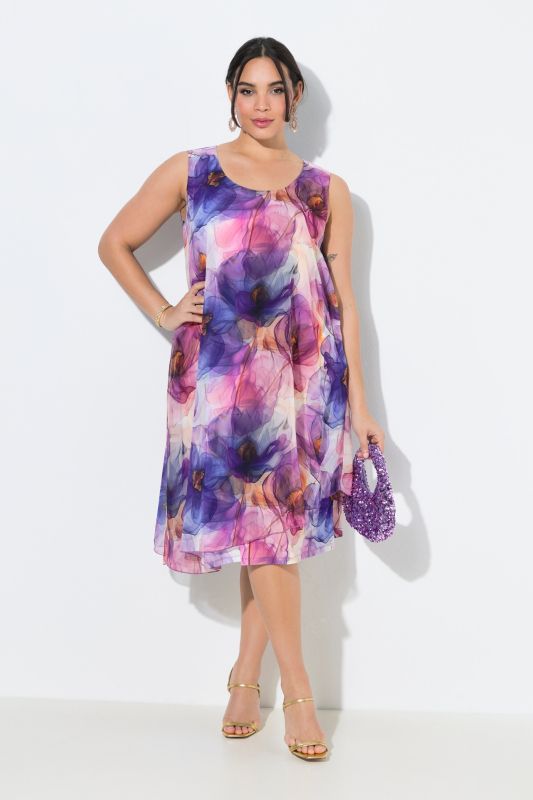 Robe en mousseline sans manches, motif floral, décolleté rond et coupe évasée